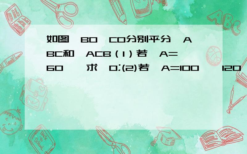 如图,BO、CO分别平分∠ABC和∠ACB（1）若∠A=60°,求∠O;(2)若∠A=100°、120°,∠O又是多少?（3）由（1）、（2）你又发现了什麽规律?当∠A的度数变化后,你的结论仍成立吗?（提示：三角形的内角和