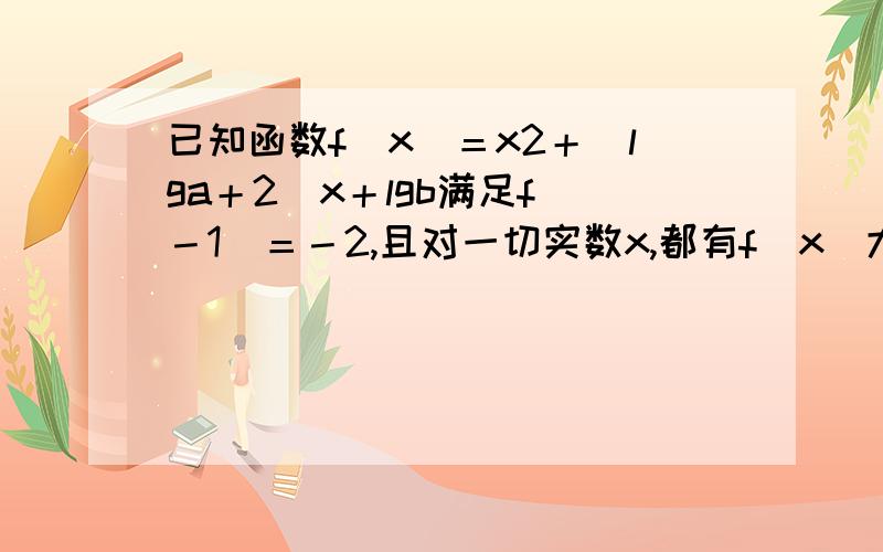 已知函数f（x）＝x2＋（lga＋2）x＋lgb满足f（－1）＝－2,且对一切实数x,都有f(x)大于等于2x,f(x)的最小值