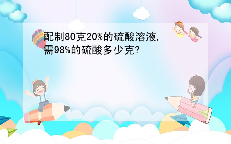 配制80克20%的硫酸溶液,需98%的硫酸多少克?