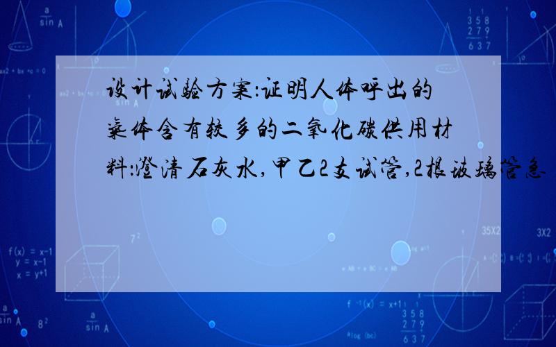 设计试验方案：证明人体呼出的气体含有较多的二氧化碳供用材料：澄清石灰水,甲乙2支试管,2根玻璃管急