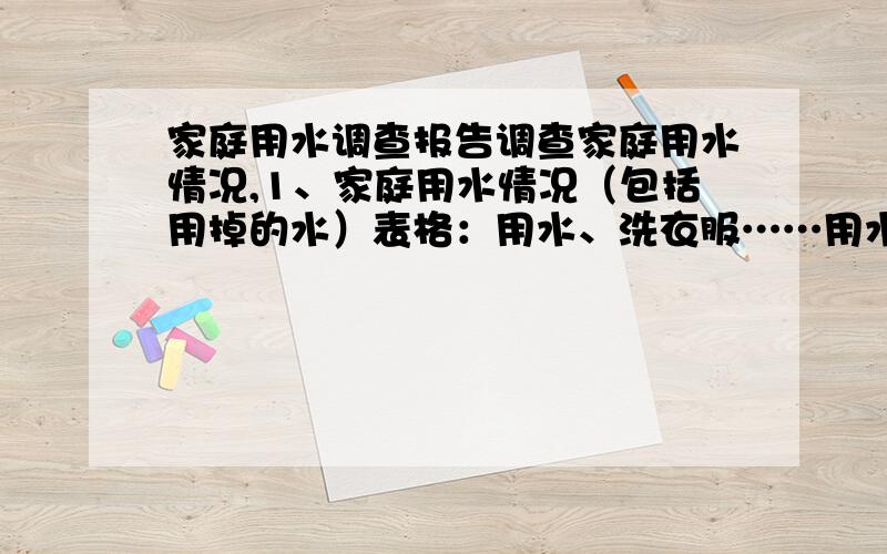 家庭用水调查报告调查家庭用水情况,1、家庭用水情况（包括用掉的水）表格：用水、洗衣服……用水情况,用%（百分比）2、分析3、想方法节水,建议（改进方法）4、------------ ）