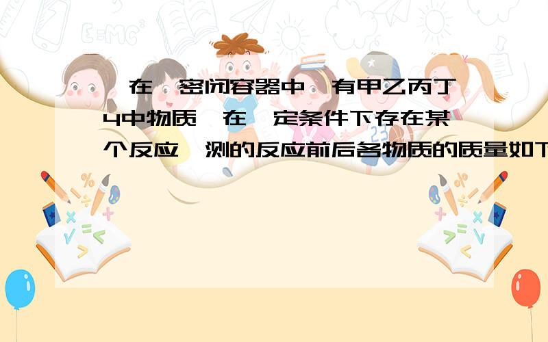 【在一密闭容器中,有甲乙丙丁4中物质,在一定条件下存在某个反应,测的反应前后各物质的质量如下；反应前质量；甲20、乙n、丙20、丁20反应后的质量；甲2、乙待测、丙32、丁26】则下列描述