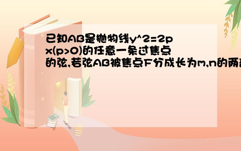 已知AB是抛物线y^2=2px(p>0)的任意一条过焦点的弦,若弦AB被焦点F分成长为m,n的两部分,求证：1/m+1/n=2/p.再线=..