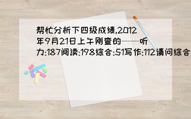 帮忙分析下四级成绩,2012年9月21日上午刚查的——听力:187阅读:198综合:51写作:112请问综合分和听力分是不是有点低啊?还有就是是不是今年四级简单,大家考的都比较好.四级标准分换算是怎么