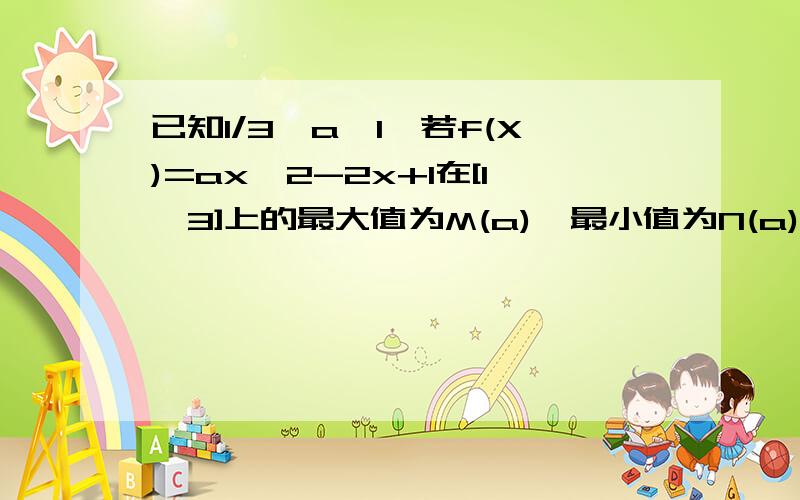 已知1/3≤a≤1,若f(X)=ax^2-2x+1在[1,3]上的最大值为M(a),最小值为N(a),令g(a)=M(a)-N(a),（1)求g(x)的函数表达式；(2)判断函数g(a)的单调性,并求出g(a)的最小值.麻烦高手解决下.小弟实在有点看不懂.