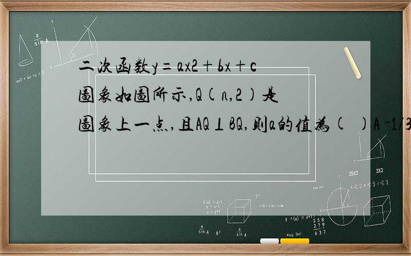 二次函数y=ax2+bx+c图象如图所示,Q(n,2)是图象上一点,且AQ⊥BQ,则a的值为( )A -1/3 B-1/2 C-1 D-2