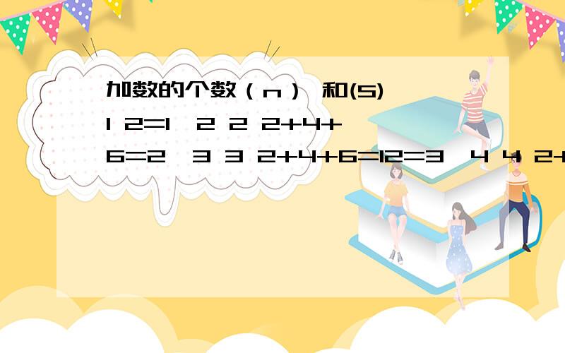 加数的个数（n） 和(S) 1 2=1×2 2 2+4+6=2*3 3 2+4+6=12=3*4 4 2+4+6+8=20=4*5 5 2+4+6+8+10=30=5*6根据上题的规律计算100加102加104加106加.加998加1000的值【要写过程】