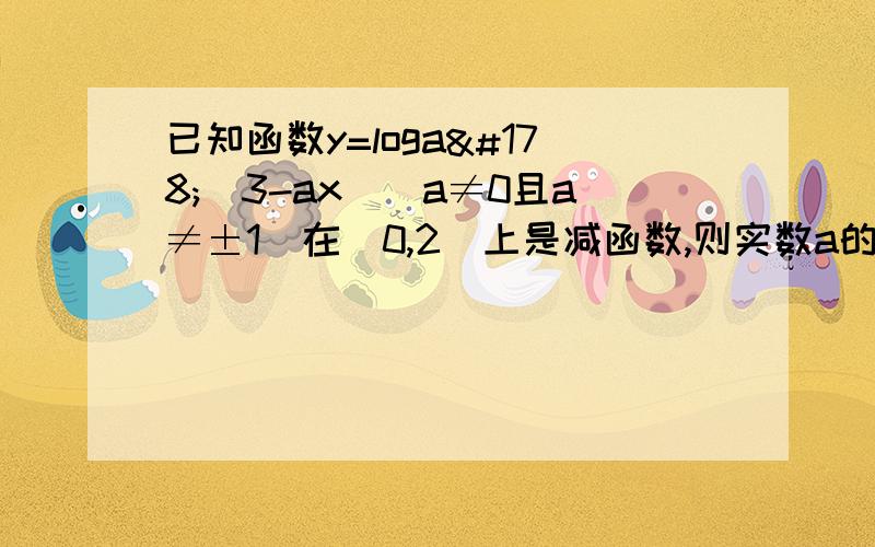 已知函数y=loga²（3-ax）（a≠0且a≠±1）在[0,2]上是减函数,则实数a的取值范围是