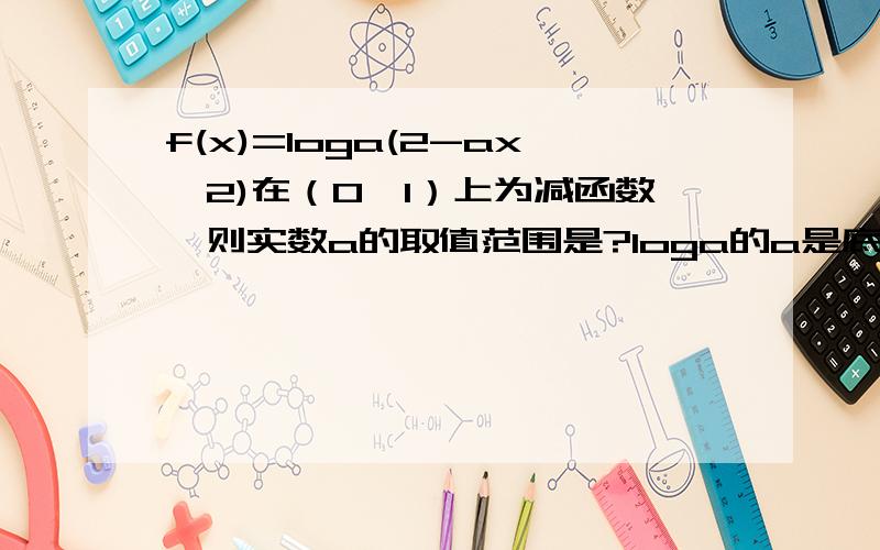 f(x)=loga(2-ax^2)在（0,1）上为减函数,则实数a的取值范围是?loga的a是底数,