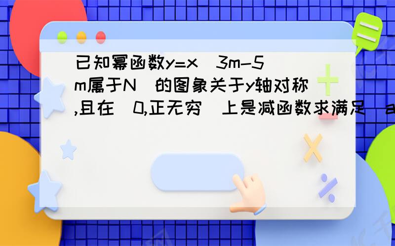 已知幂函数y=x^3m-5(m属于N)的图象关于y轴对称,且在(0,正无穷)上是减函数求满足(a+1)^m/3