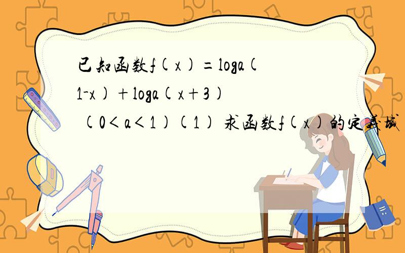 已知函数f(x)=loga(1-x)+loga(x+3) (0＜a＜1)(1) 求函数f(x)的定义域(2) 求函数f(x)的零点(3) 若函数f(x)的最小值为-4,求a的值