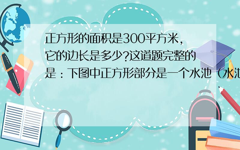 正方形的面积是300平方米,它的边长是多少?这道题完整的是：下图中正方形部分是一个水池（水池的一个点在圆形草坪的圆心上）其余全是草坪，已知正方形的面积是300平方米，草坪的面积