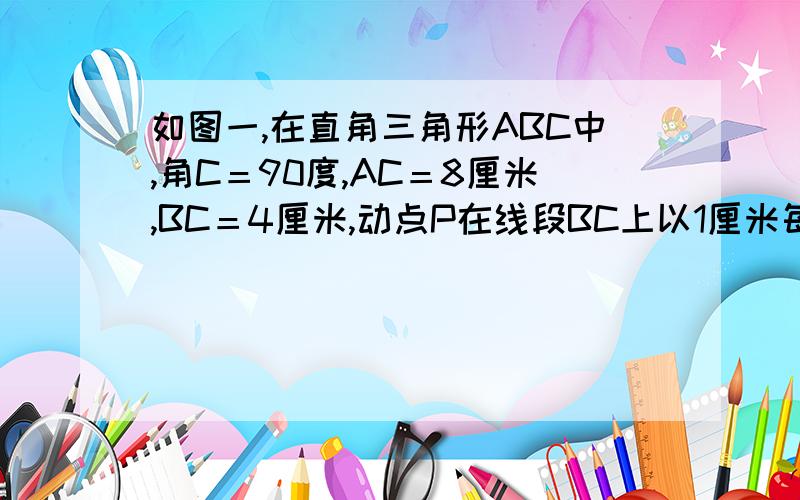 如图一,在直角三角形ABC中,角C＝90度,AC＝8厘米,BC＝4厘米,动点P在线段BC上以1厘米每秒的速度从点B运动到点C.过点P作PE垂直BC与AB交于点E,以PE为对称轴将PE右侧的图形翻折得到三角形B撇PE,设点P