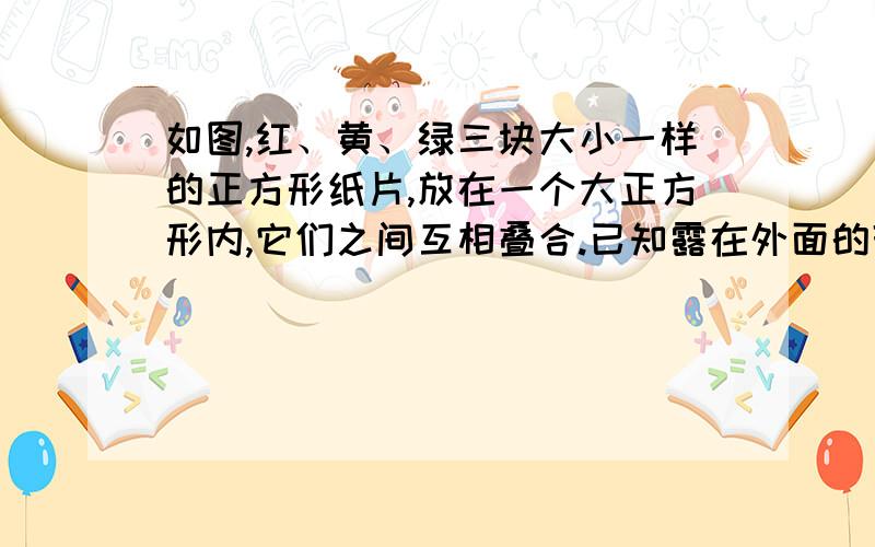 如图,红、黄、绿三块大小一样的正方形纸片,放在一个大正方形内,它们之间互相叠合.已知露在外面的部分中,红色的面积是20,黄色面积是12,绿色面积是8,求大正方形的面积.