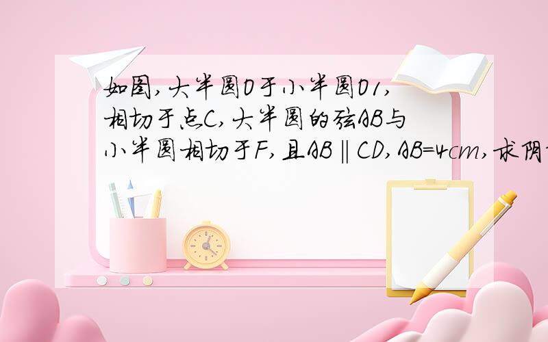 如图,大半圆O于小半圆O1,相切于点C,大半圆的弦AB与小半圆相切于F,且AB‖CD,AB=4cm,求阴影部分面积我才一级 不能发图         图 到我相册上看吧  呵呵.