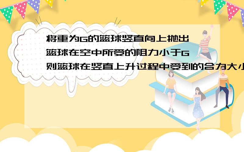 将重为G的篮球竖直向上抛出,篮球在空中所受的阻力小于G,则篮球在竖直上升过程中受到的合力大小 （ ）A．等于G B．等于0 C．大于G D．小于G