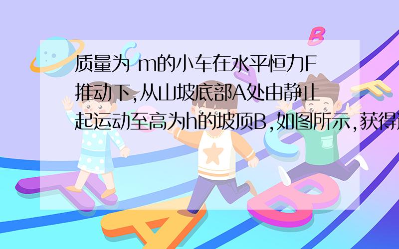 质量为 m的小车在水平恒力F推动下,从山坡底部A处由静止起运动至高为h的坡顶B,如图所示,获得速度为v,AB的水平距离为s．下列说法正确的是（　　）A．小车克服重力所做的功是mghB．推力对小