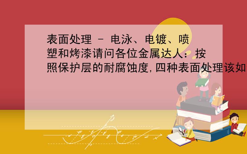 表面处理 - 电泳、电镀、喷塑和烤漆请问各位金属达人：按照保护层的耐腐蚀度,四种表面处理该如何排列?按照成本高低,又该如何排列?如果能给出抗腐蚀的时间,再追一个最高分!复制粘贴的