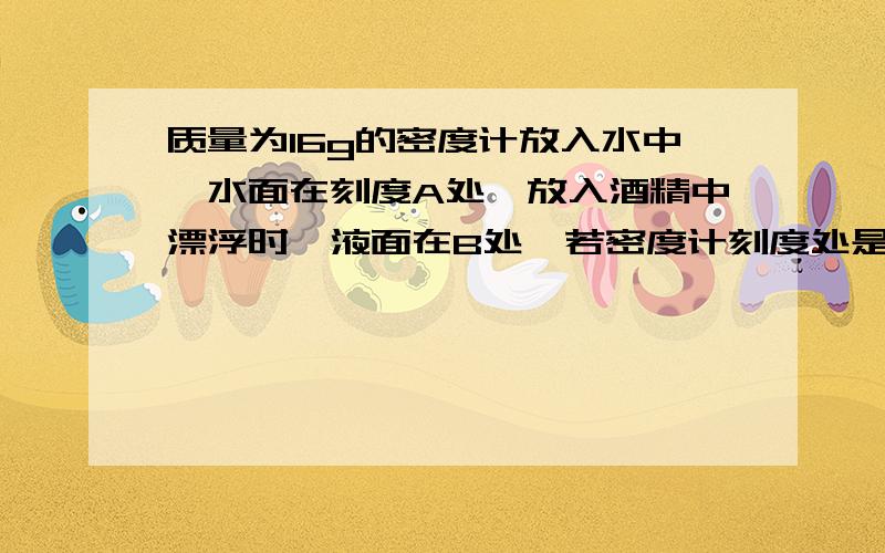 质量为16g的密度计放入水中,水面在刻度A处,放入酒精中漂浮时,液面在B处,若密度计刻度处是均匀的,横截面极为0.5cm^2,求AB的长度.