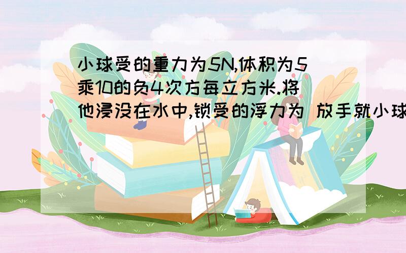 小球受的重力为5N,体积为5乘10的负4次方每立方米.将他浸没在水中,锁受的浮力为 放手就小球受的重力为5N,体积为5乘10的负4次方每立方米.将他浸没在水中,锁受的浮力为 放手就小球会?.