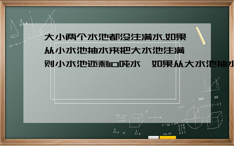 大小两个水池都没注满水.如果从小水池抽水来把大水池注满,则小水池还剩10吨水,如果从大水池抽水来把小水池注满,则大水池还剩水20吨水.已知大水池的容量是小水池的一又五分之一倍.两个