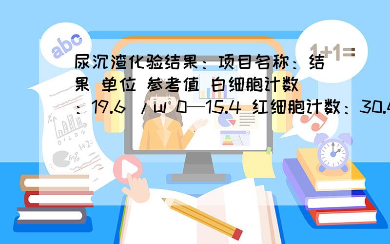 尿沉渣化验结果：项目名称：结果 单位 参考值 白细胞计数：19.6 /ul 0—15.4 红细胞计数：30.4 /ul 0尿沉渣化验结果：项目名称：结果 单位 参考值白细胞计数：19.6 /ul 0—15.4红细胞计数：30.4 /ul