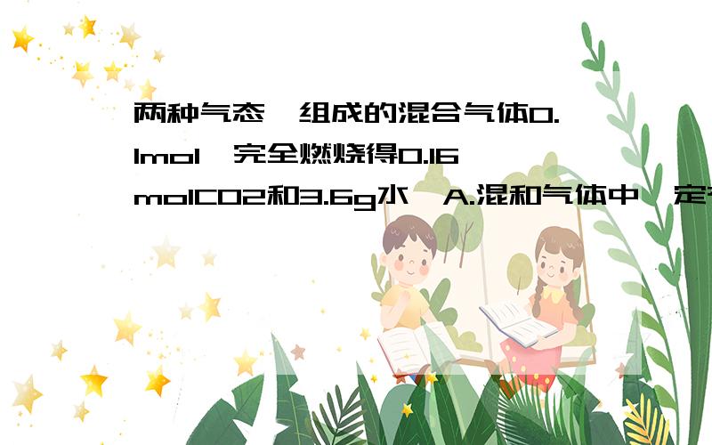 两种气态烃组成的混合气体0.1mol,完全燃烧得0.16molCO2和3.6g水,A.混和气体中一定有 B.混和气体中一定有甲烷和乙烯 C.混和气体中可能有乙烷 C.混和气体中一定有乙炔A、一定有乙烯 B、一定有甲