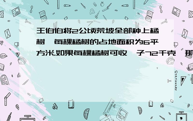 王伯伯将2公顷荒坡全部种上橘树,每棵橘树的占地面积为6平方米.如果每棵橘树可收桔子72千克,那么这些橘树共可以收橘子多少千克?