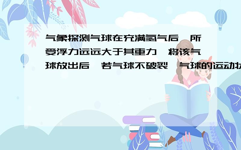 气象探测气球在充满氢气后、所受浮力远远大于其重力、将该气球放出后、若气球不破裂、气球的运动状况不可能是什么?A、一直不停上升、B/气球匀速上升C、气球只能升到一定高度、并将