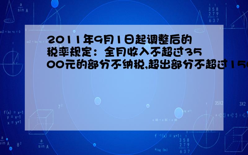 2011年9月1日起调整后的税率规定：全月收入不超过3500元的部分不纳税,超出部分不超过1500元部分税率为3%,超出部分超过1500元不足4500元的部分税率为10%.按此计算,如果某人收入为7000元,则他应