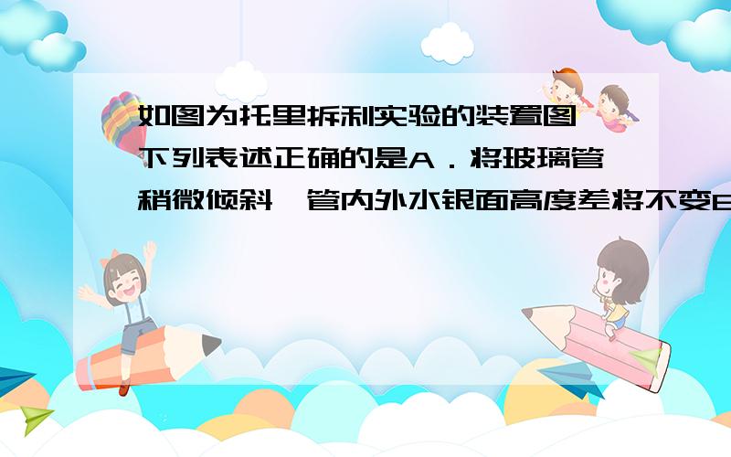 如图为托里拆利实验的装置图,下列表述正确的是A．将玻璃管稍微倾斜,管内外水银面高度差将不变B．将玻璃管稍微向上提起但没有离开液面,管内外水银面高度差将变大C．向槽中继续注入少