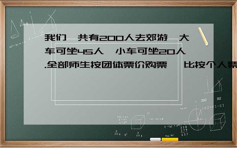 我们一共有200人去郊游,大车可坐45人,小车可坐20人.全部师生按团体票价购票 ,比按个人票价节约多少钱呢?售票处 个人票价：2元/人 团体票价：1.5元/人