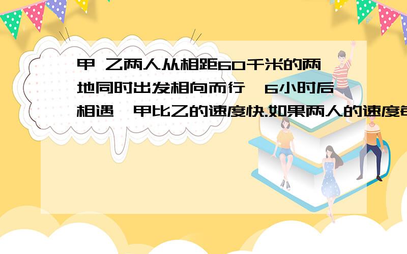 甲 乙两人从相距60千米的两地同时出发相向而行,6小时后相遇,甲比乙的速度快.如果两人的速度每小时各增加1千米,那么相遇地点距前一次相遇地点1千米.问甲原来的速度是多少?