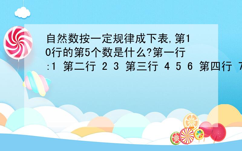 自然数按一定规律成下表,第10行的第5个数是什么?第一行:1 第二行 2 3 第三行 4 5 6 第四行 7 8 9 10