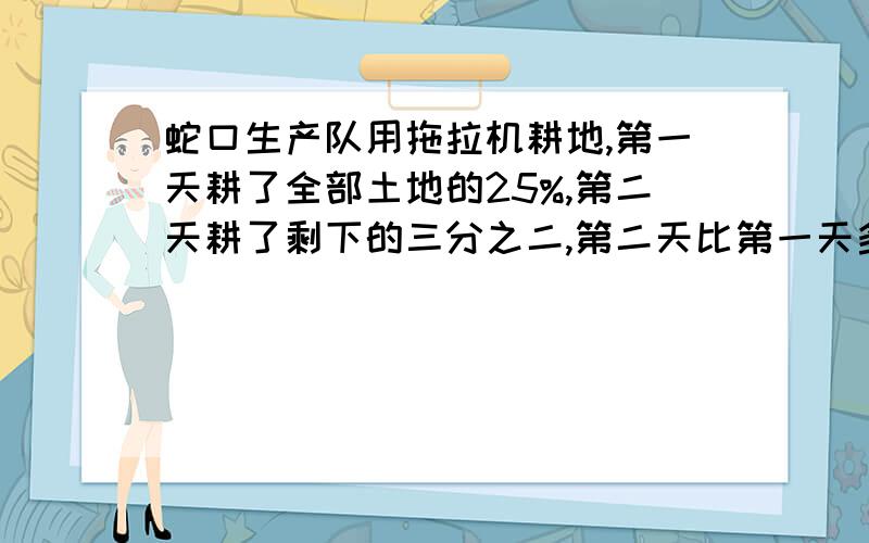 蛇口生产队用拖拉机耕地,第一天耕了全部土地的25%,第二天耕了剩下的三分之二,第二天比第一天多耕了30亩这个生产队共有多少亩土地