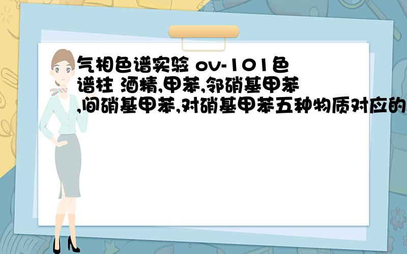 气相色谱实验 ov-101色谱柱 酒精,甲苯,邻硝基甲苯,间硝基甲苯,对硝基甲苯五种物质对应的峰值