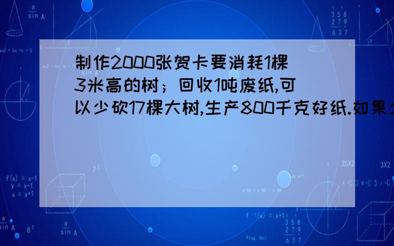 制作2000张贺卡要消耗1棵3米高的树；回收1吨废纸,可以少砍17棵大树,生产800千克好纸.如果少寄贺卡68000张,可以节约好纸多少千克?相当于回收多少千克废纸?