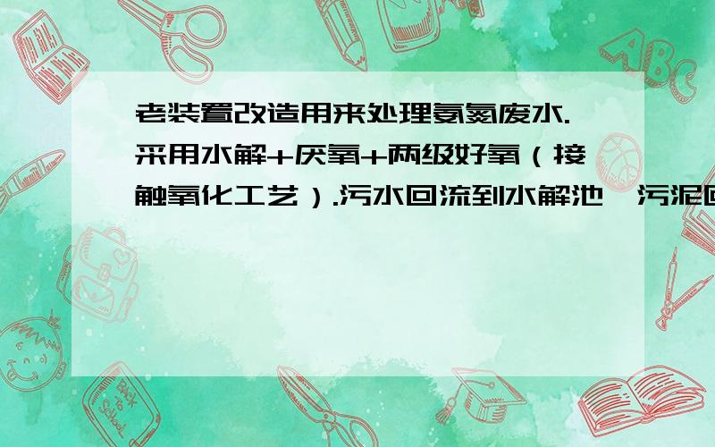 老装置改造用来处理氨氮废水.采用水解+厌氧+两级好氧（接触氧化工艺）.污水回流到水解池,污泥回流到厌氧池（缺氧池）,如果加大回流,水解池污泥流失很快（水解池由黑变清）,并且后面