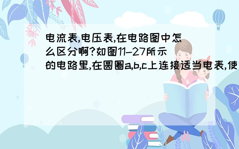 电流表,电压表,在电路图中怎么区分啊?如图11-27所示的电路里,在圆圈a,b,c上连接适当电表,使灯L1和L2并联且能发光,那么a应是_ ___表；b是_ _表；c是_ __表．………………这类题我都不会写,5555555