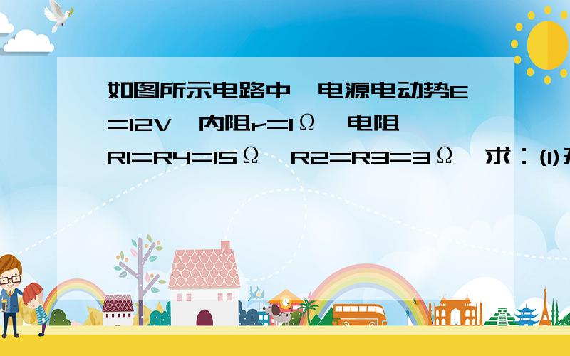 如图所示电路中,电源电动势E=12V,内阻r=1Ω,电阻R1=R4=15Ω,R2=R3=3Ω,求：(1)开关S断开时，ABD三点电势(2)开关S闭合时，通过开关的电流