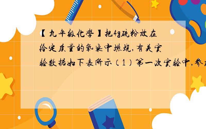 【九年级化学】把4g硫粉放在给定质量的氧气中燃烧,有关实验数据如下表所示（1）第一次实验中,参加反应的S、O2、生成的SO2三种物质的质量比为?（2）通过计算求出第二次实验生成SO2多少克