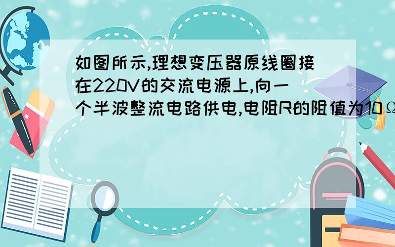 如图所示,理想变压器原线圈接在220V的交流电源上,向一个半波整流电路供电,电阻R的阻值为10Ω,整流前、后的电压波形如图乙所示.下列说法中正确的是A．二极管D具有单向导电性B．电阻R两端