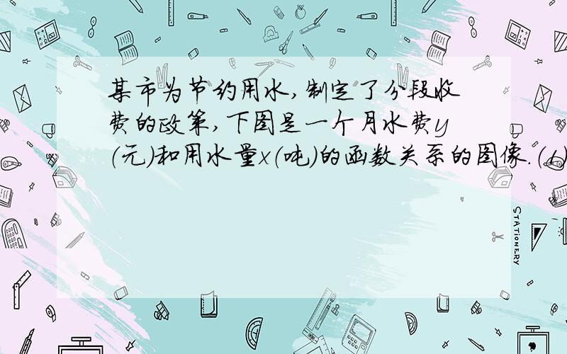 某市为节约用水,制定了分段收费的政策,下图是一个月水费y（元）和用水量x（吨）的函数关系的图像.（1）请写出这个函数关系的解析式及自变量x的取值范围.（2）小明家和小敏家长期共用