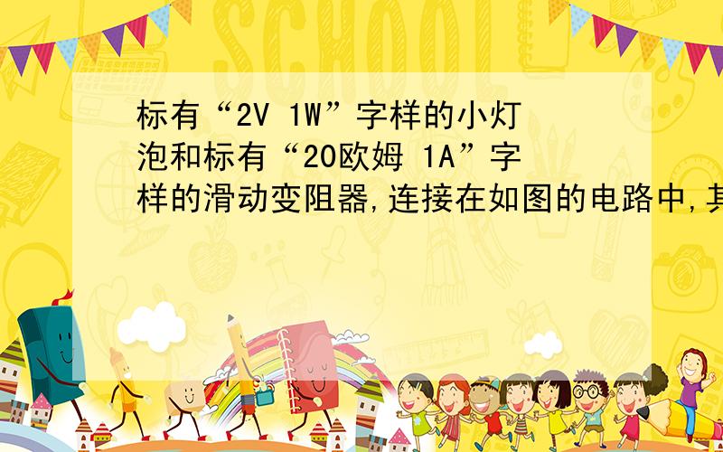 标有“2V 1W”字样的小灯泡和标有“20欧姆 1A”字样的滑动变阻器,连接在如图的电路中,其中电源电压为6V电流表量程为“0-0.6A”,电压表量程为“0-3V”.闭合开关,移动滑动变阻器滑片,电流表,