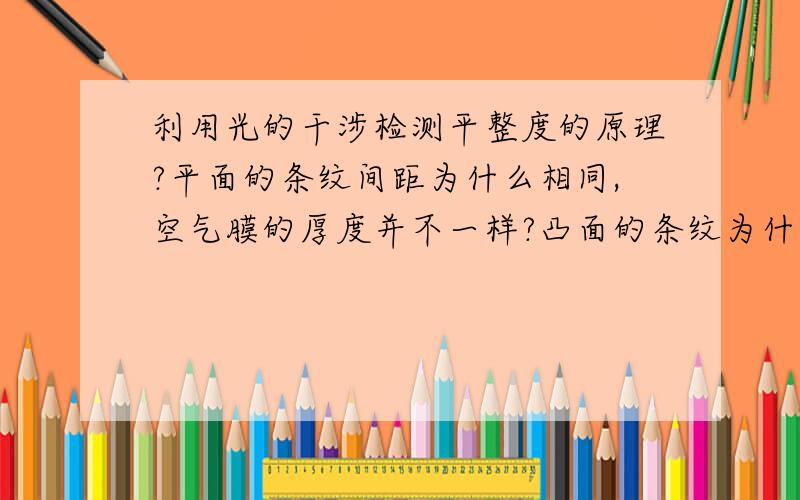 利用光的干涉检测平整度的原理?平面的条纹间距为什么相同,空气膜的厚度并不一样?凸面的条纹为什么向左凸而不是右?用两块玻璃板观察干涉时用手压条纹为什么会移动?凸面的条纹为什么