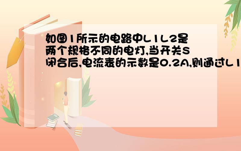 如图1所示的电路中L1L2是两个规格不同的电灯,当开关S闭合后,电流表的示数是0.2A,则通过L1的