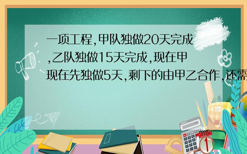 一项工程,甲队独做20天完成,乙队独做15天完成,现在甲现在先独做5天,剩下的由甲乙合作,还需几天完成?请回答,并写出步骤