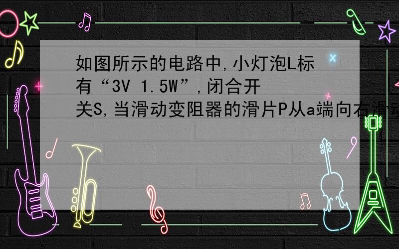 如图所示的电路中,小灯泡L标有“3V 1.5W”,闭合开关S,当滑动变阻器的滑片P从a端向右滑动,使变阻器电阻的2/3连入电路,在这个过程中,电流表的示数变化了0.1A,电路消耗的总功率变化了0.6W（1）