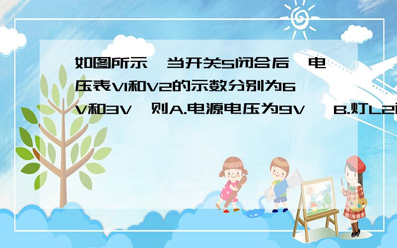 如图所示,当开关S闭合后,电压表V1和V2的示数分别为6V和3V,则A.电源电压为9V   B.灯L2两端的电压为3V  C.灯L1,L2两端的电压为3V   D.以上都不对