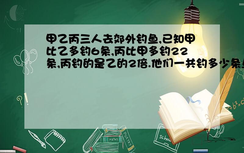 甲乙丙三人去郊外钓鱼,已知甲比乙多钓6条,丙比甲多钓22条,丙钓的是乙的2倍.他们一共钓多少条鱼?